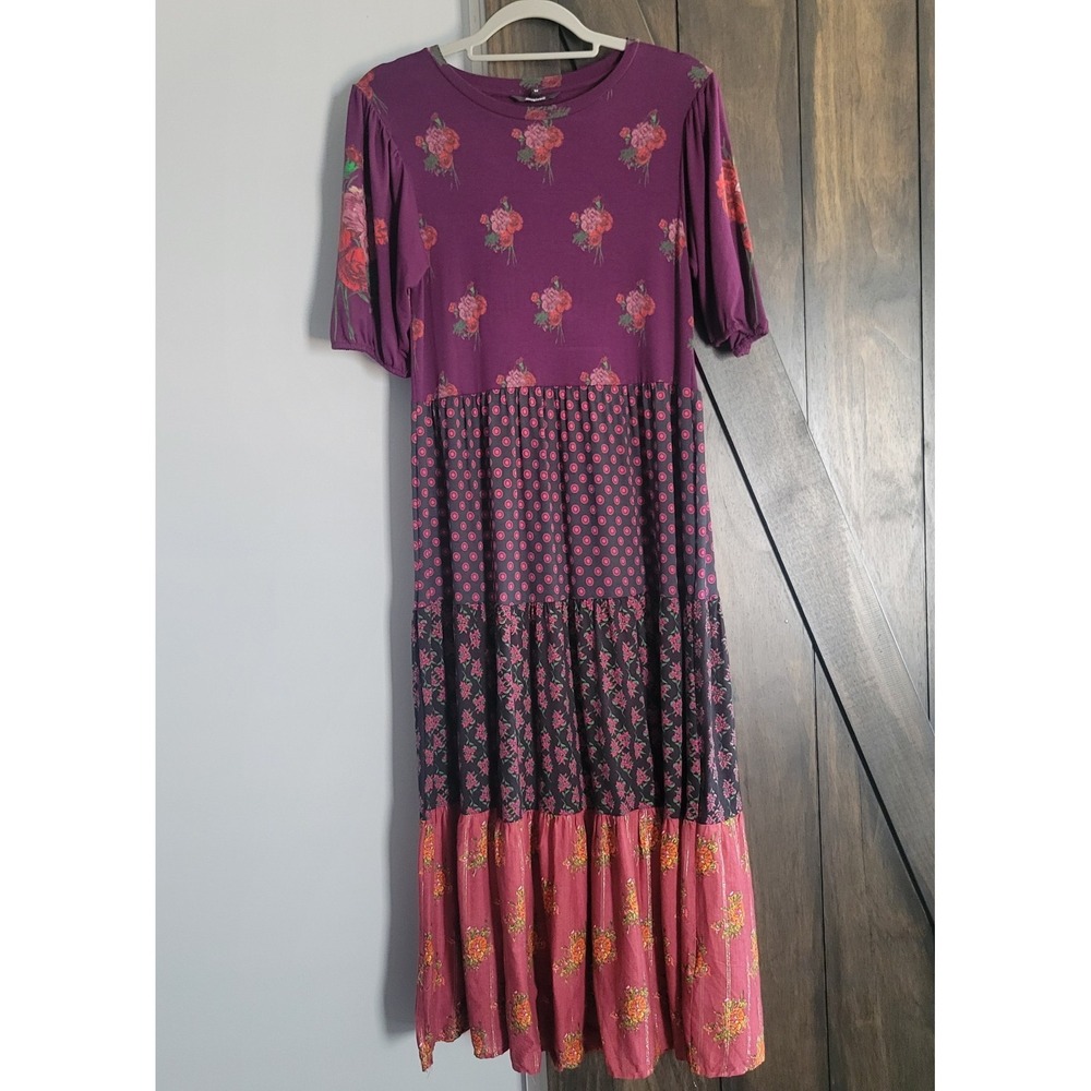 Desigual Women's Medium Purple Mixed Print Midi Dress Floral Tiered Boho Stretch